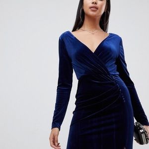 Navy Velvet Wrap Floor Length Dress